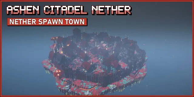 High view of a floating Nether island town with red roofed nether brick houses, market stalls, a tall blackstone keep and crimson fungus trees