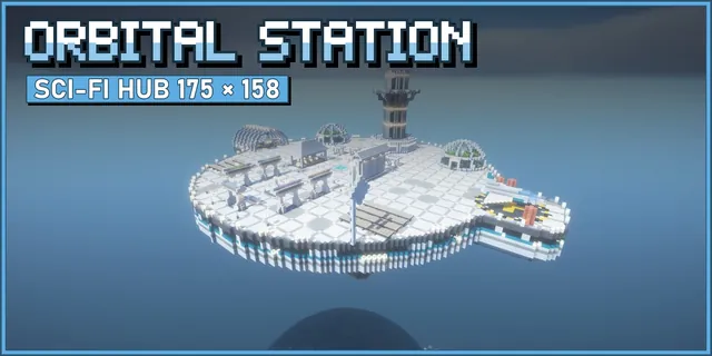 A white space station floating above a small planet