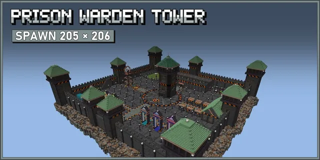 A walled prison yard with a tall warden tower on a dark floating rock