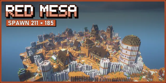 A walled town of whitewashed houses with dark roofs on a floating red mesa island, a domed white bell tower at the end of the main street