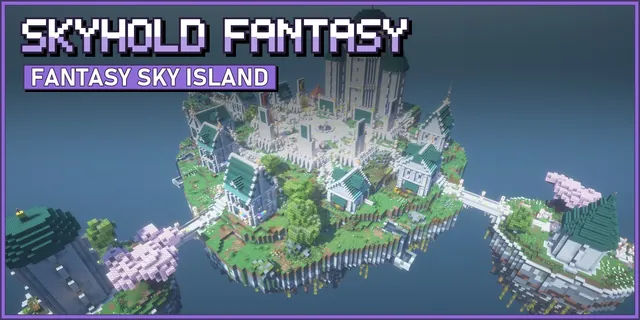 High view of a floating sky kingdom with a white and gold mage palace, a ring of warp gates round a plaza and three small islands on quartz bridges
