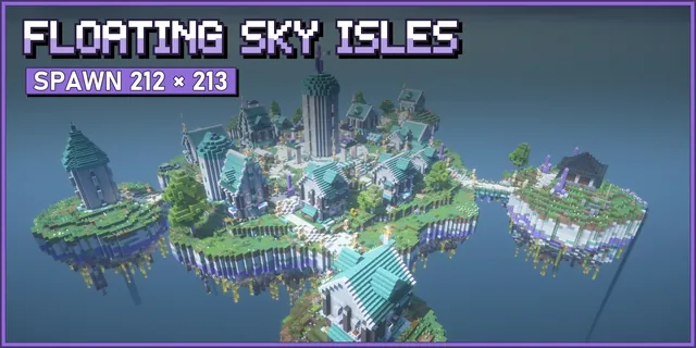 A floating white and teal spawn isle with a tall crystal spire, joined by bridges to five smaller isles with waterfalls running off their rims