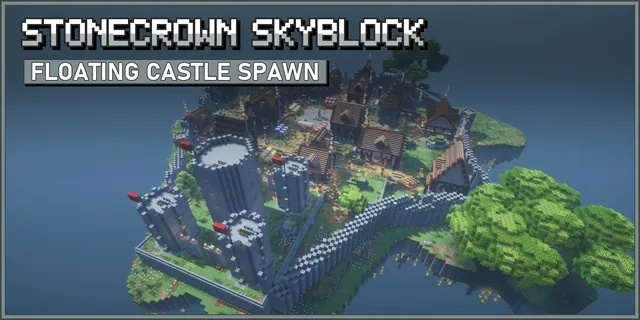 A floating island with a walled medieval town, a grey stone castle keep with four round turrets and a market plaza, seen from above