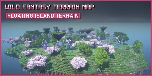 A green floating island with cherry trees and glowing purple crystals, with small floating isles hovering above it
