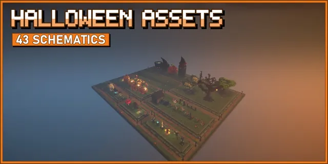 A giant jack o'lantern next to a witch hat house and a stone tower