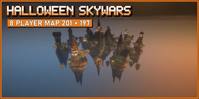 Skywars middle island with dark spires and a glowing pumpkin