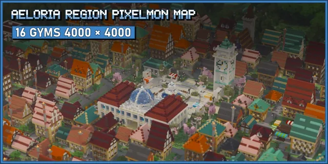 A colourful spawn city with a white research lab under a glass dome, a clock tower and a fountain plaza, among packed houses with red, teal and orange roofs