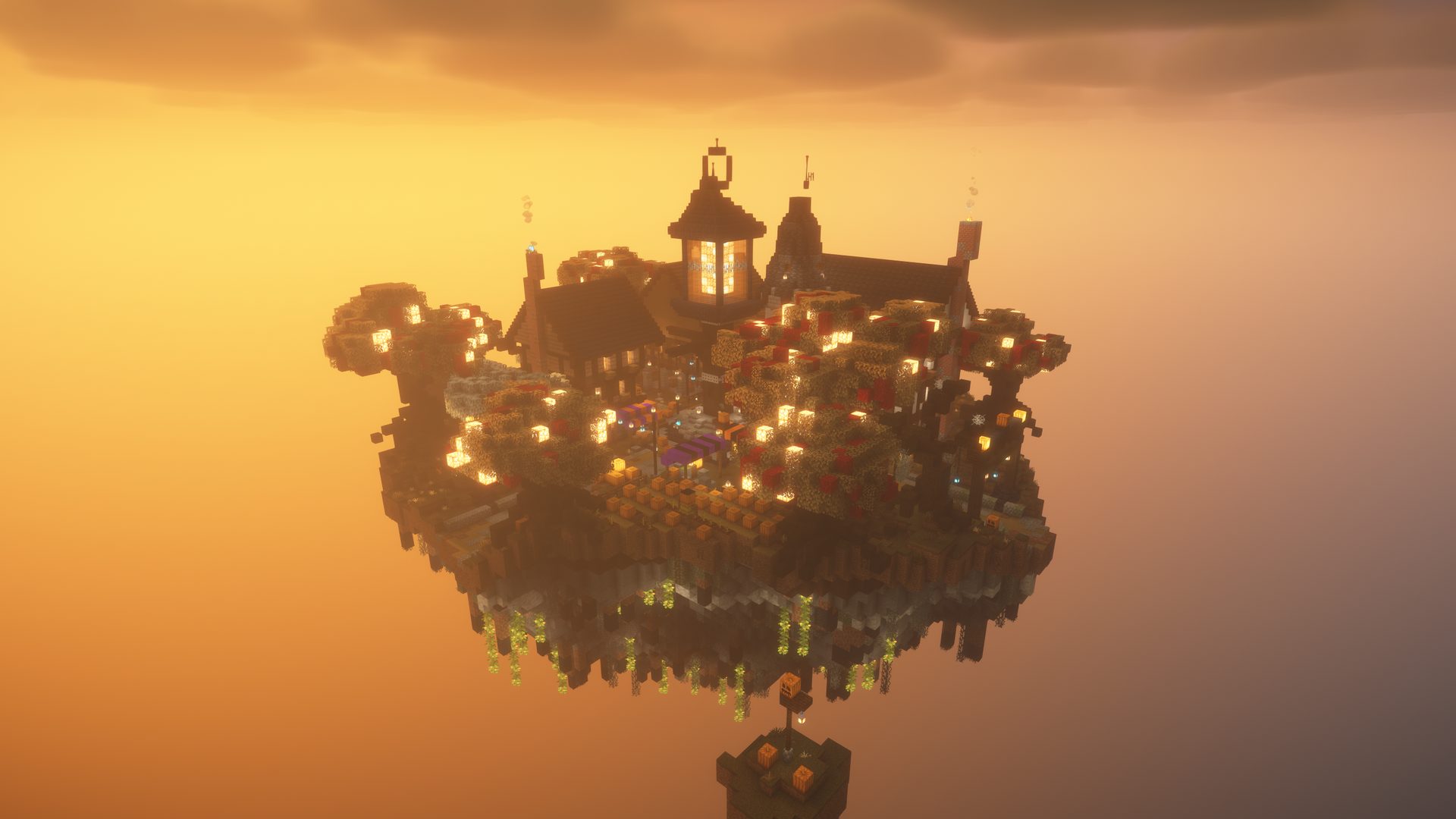 The whole floating island from above, with the crossroads, plaza and buildings