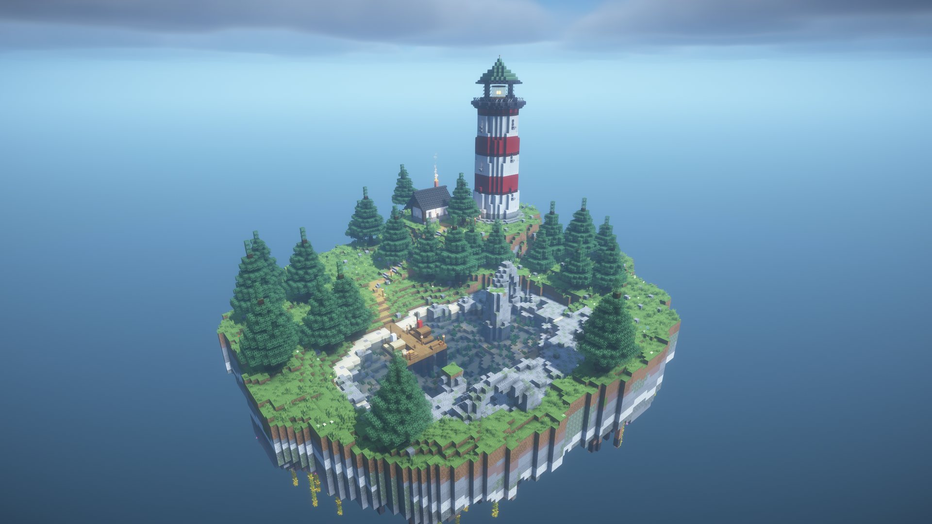The whole floating island from above, with the lighthouse, pine trees and the harbour