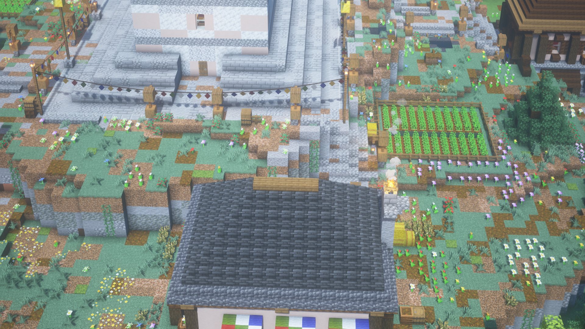 The prayer hall and the fields below the tower