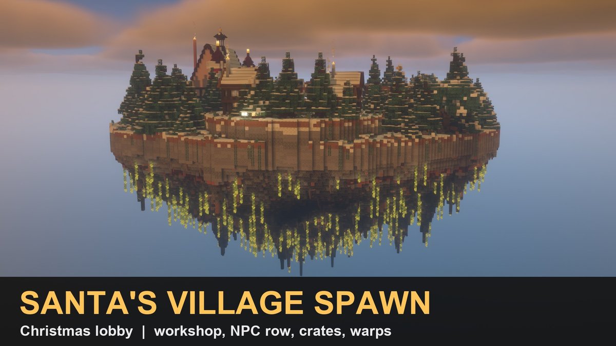 A Christmas village on a snowy floating island with a workshop