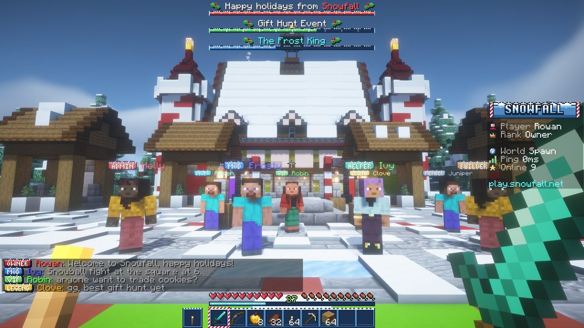 A snowy chest menu with gift box shop cards and a red ribbon title