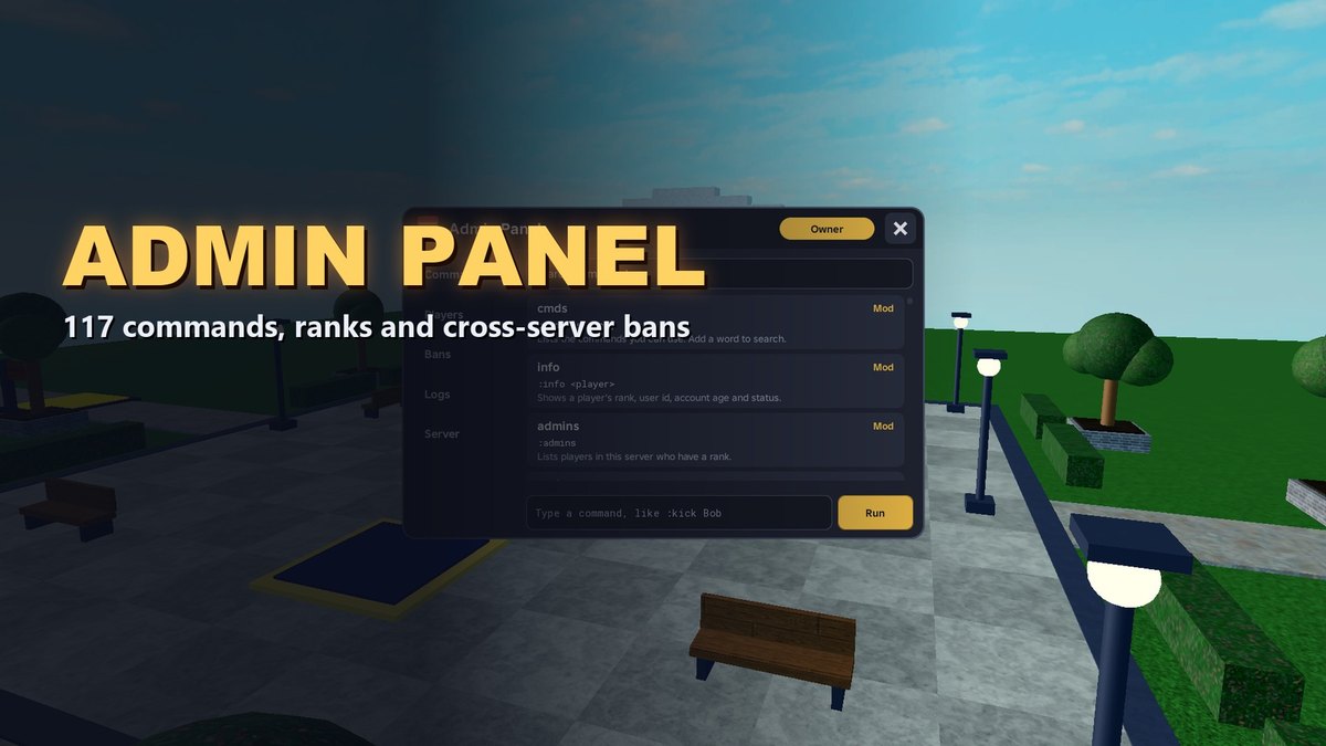 A Roblox admin panel window open over a plaza with a hall and a fountain