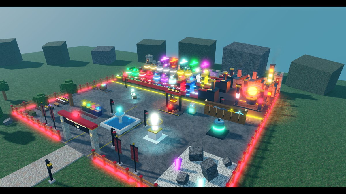 A Roblox tycoon plot with glowing gem droppers, a fountain and a forge