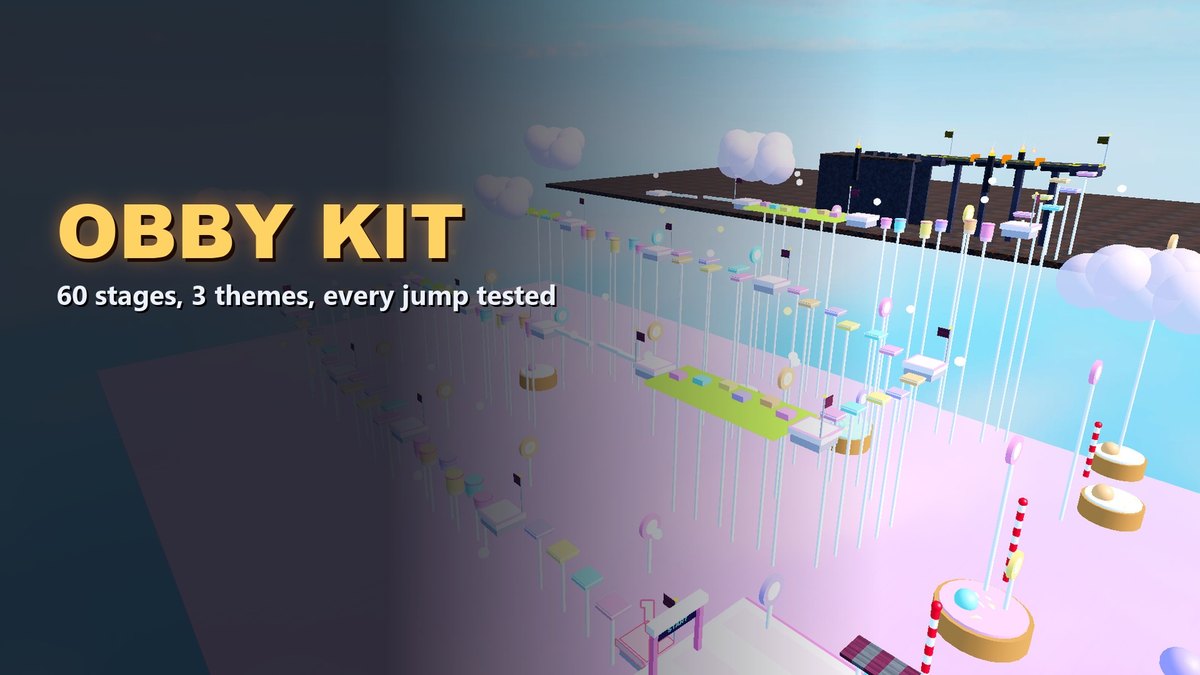A pastel Roblox obby course of candy platforms floating in the sky