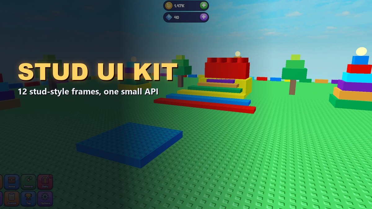 A toy-brick style Roblox shop window with item cards and a coin counter