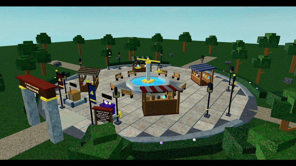 A Roblox market square with a balance fountain, market stalls and loot crates