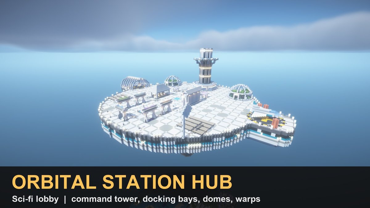A space station spawn with a command tower and docking arms over a small planet