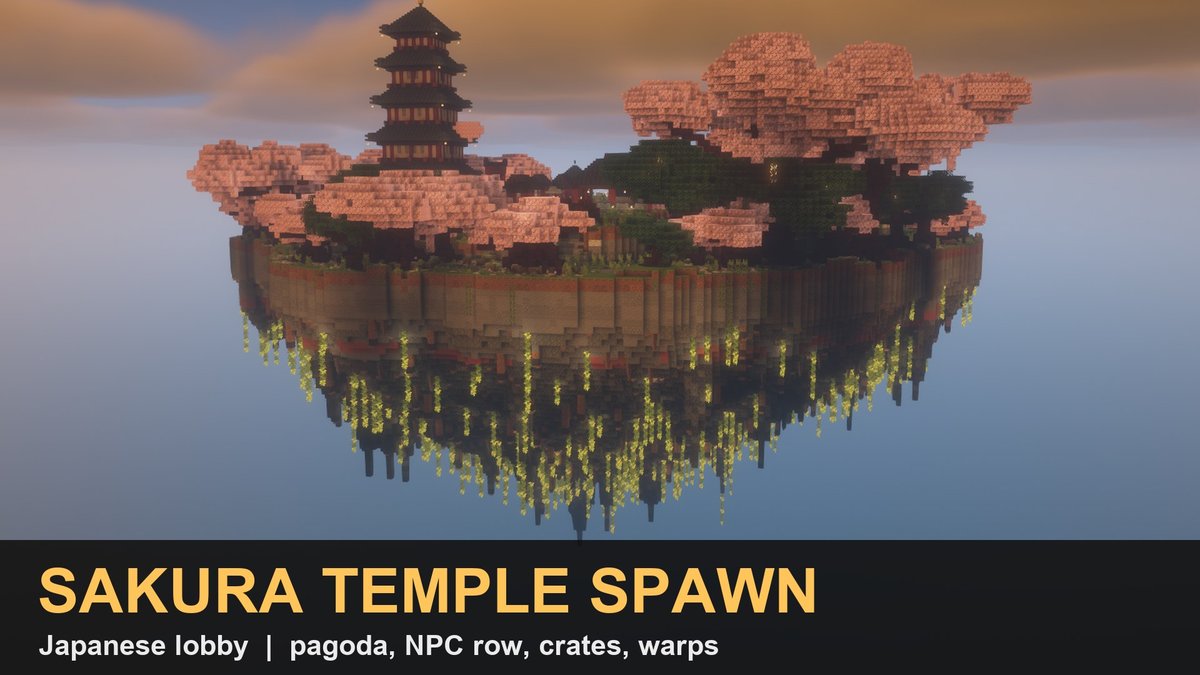 A five tier pagoda on a floating island with cherry trees