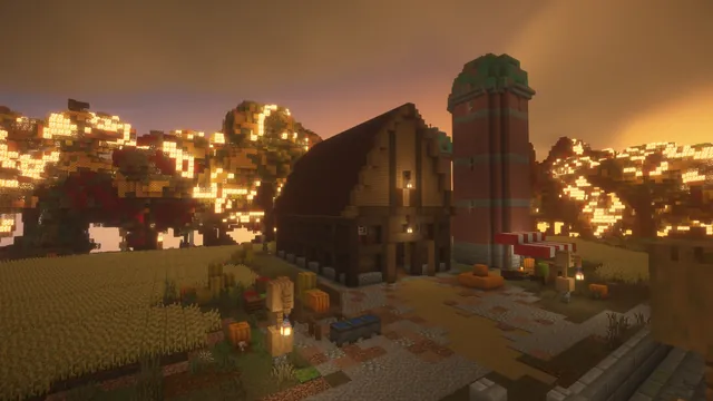 Harvest Farm Island, barn and silo dusk
