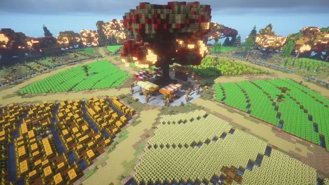 Harvest Farm Island, plaza and fields above