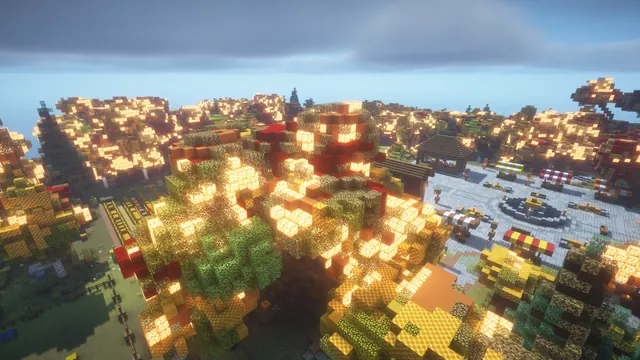 Autumn Harvest Hub, plaza stalls above