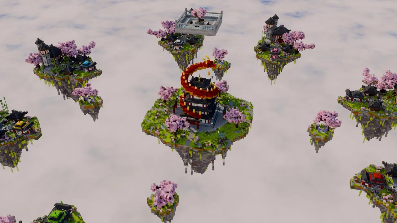 BedWars 64 Maps, 16 Themes, aerial koi gardens dragon