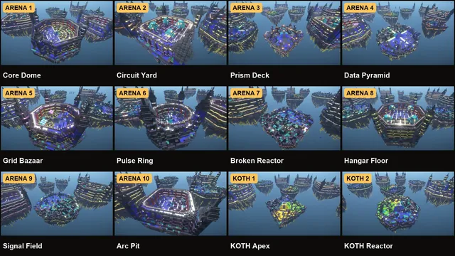 10 Neon Arenas + 2 KOTH, map key all 12 maps