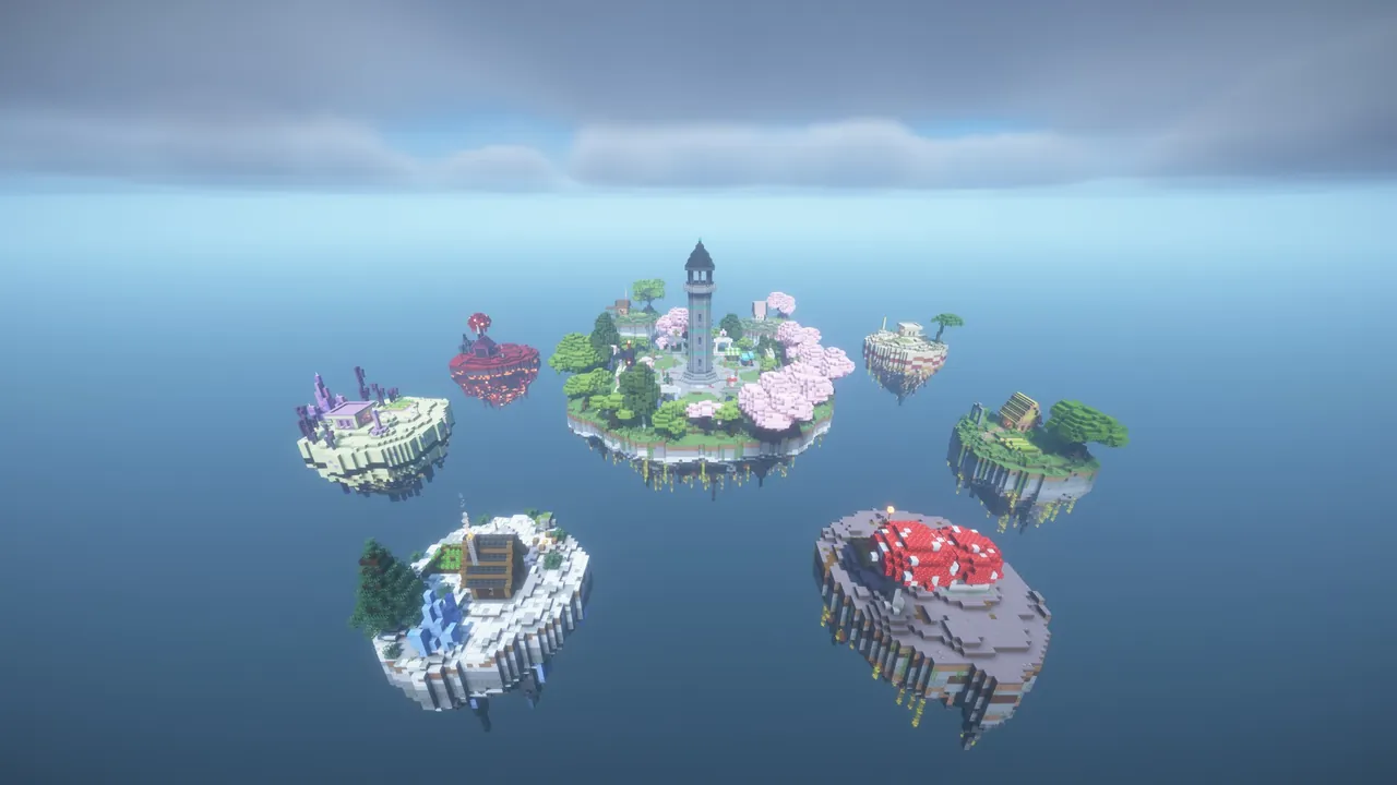 9 Skyblock Islands, aerial birdseye all islands