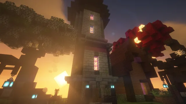 Halloween Bedwars, blue witch tower dusk