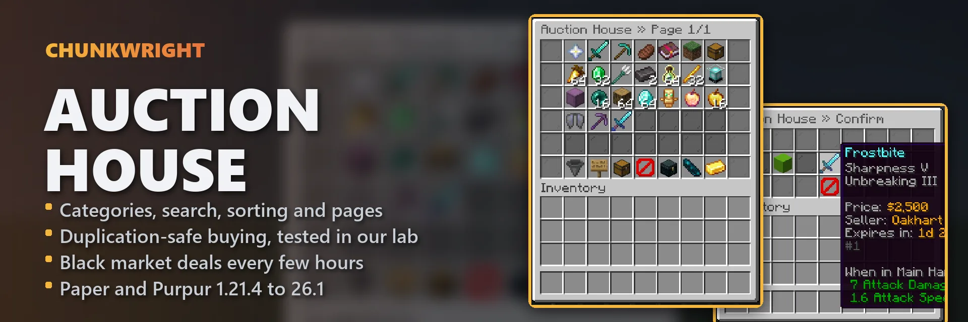 Chunkwright Auction House banner: Auction House plugin for Paper and Purpur servers, with an in-game screenshot