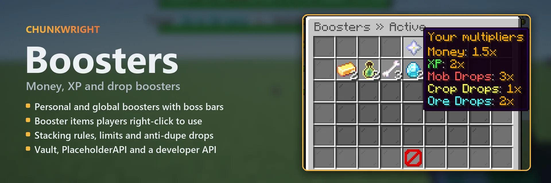 Chunkwright Boosters banner: Boosters plugin for Paper and Purpur servers, with an in-game screenshot