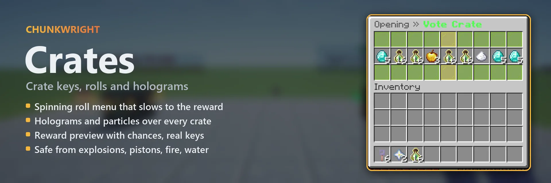 Chunkwright Crates banner: Crates plugin for Paper and Purpur servers, with an in-game screenshot