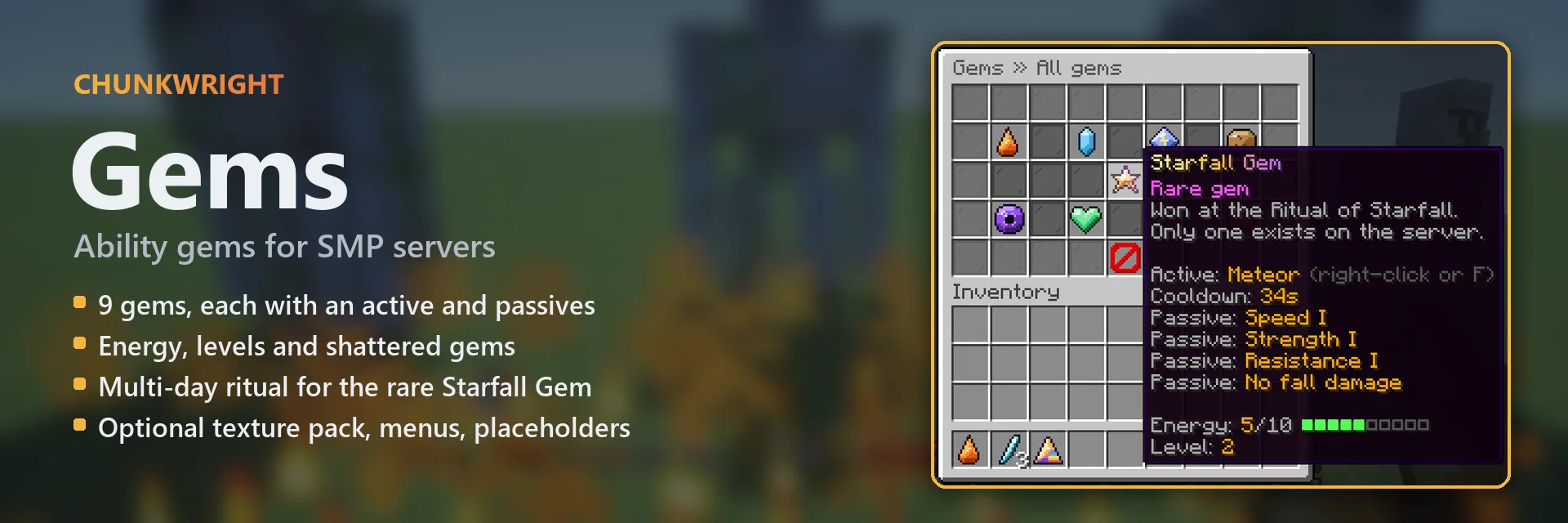 Chunkwright Gems banner: Gems plugin for Paper and Purpur servers, with an in-game screenshot