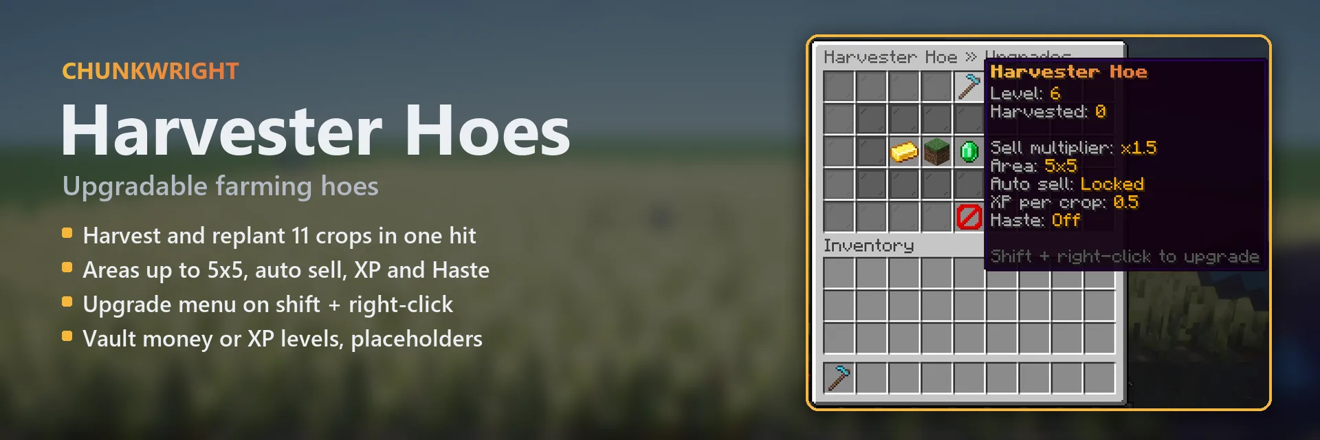 Chunkwright Harvester Hoes banner: Harvester Hoes plugin for Paper and Purpur servers, with an in-game screenshot