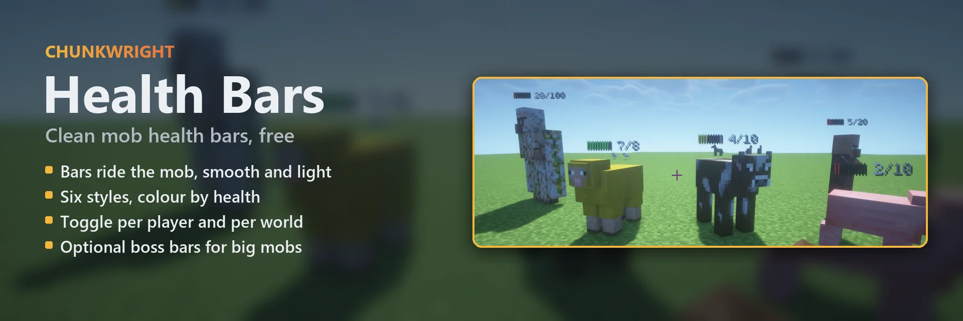 Chunkwright Health Bars banner: Health Bars plugin for Paper and Purpur servers, with an in-game screenshot