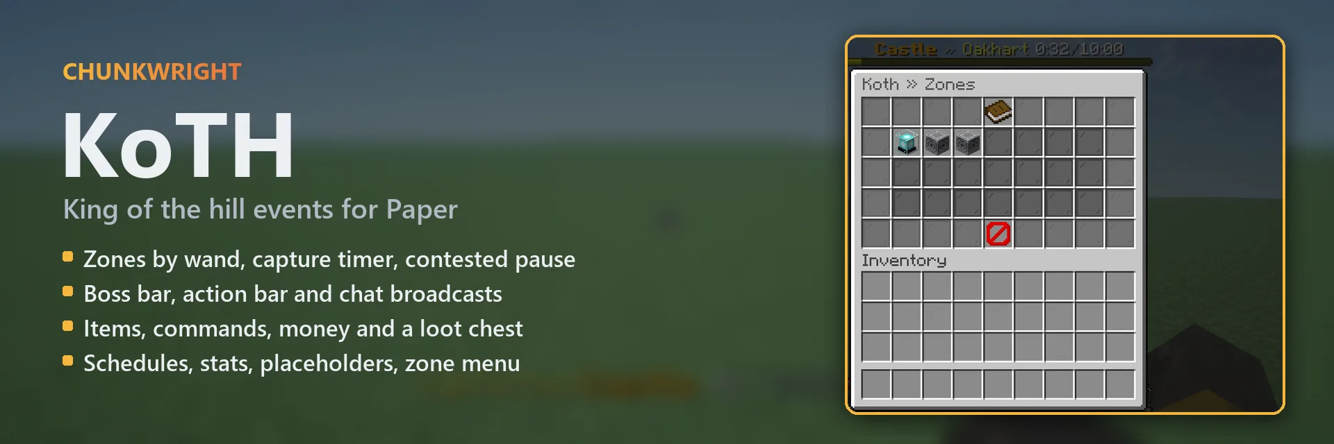 Chunkwright KoTH banner: KoTH plugin for Paper and Purpur servers, with an in-game screenshot
