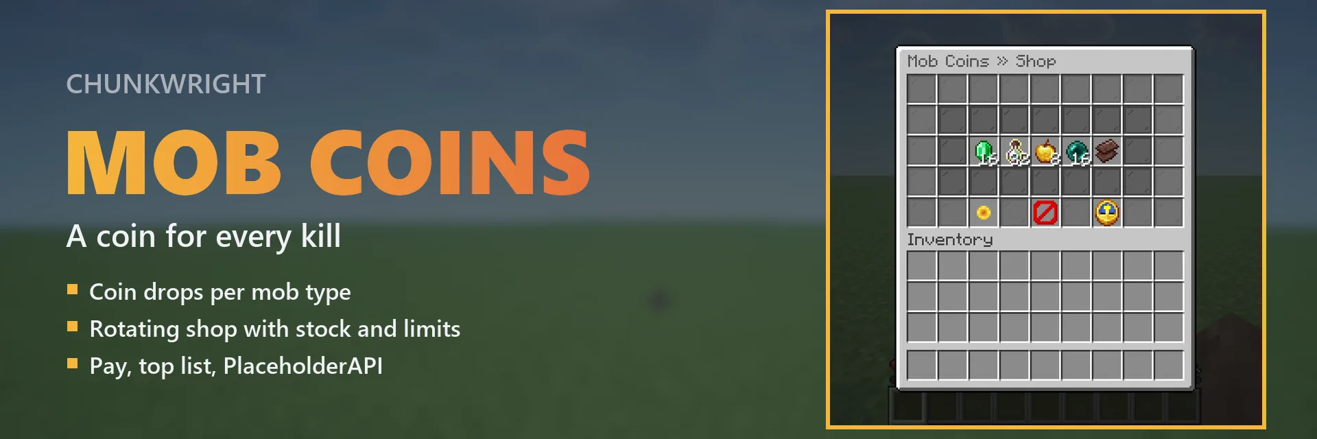 Chunkwright Mob Coins banner: Mob Coins plugin for Paper and Purpur servers, with an in-game screenshot