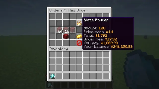 Chunkwright Orders: New Order menu with the total, the fee and your balance