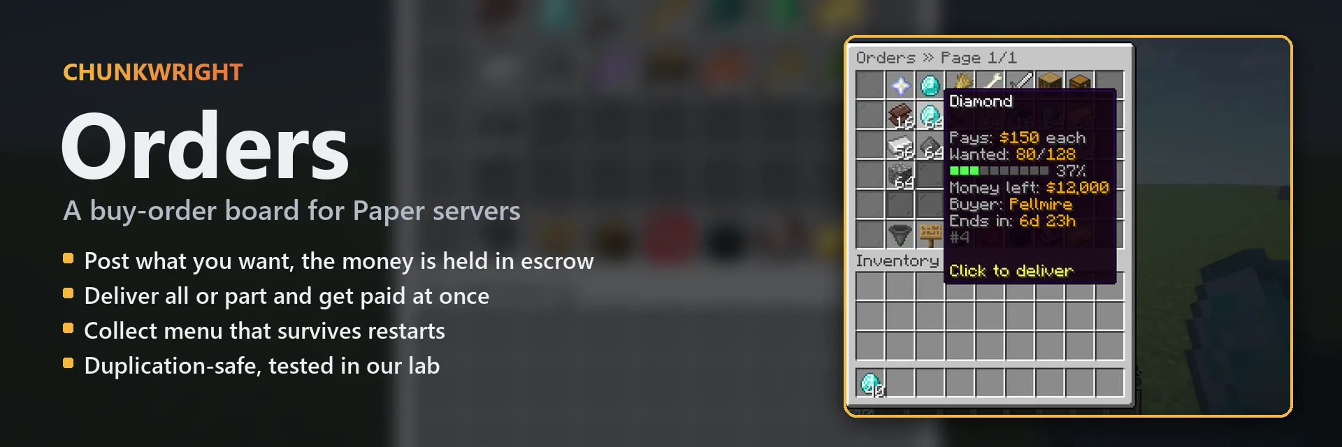 Chunkwright Orders banner: Orders plugin for Paper and Purpur servers, with an in-game screenshot