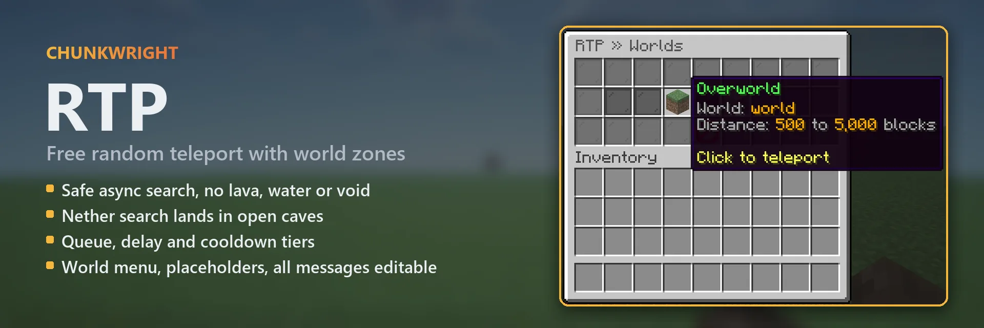Chunkwright RTP banner: RTP plugin for Paper and Purpur servers, with an in-game screenshot