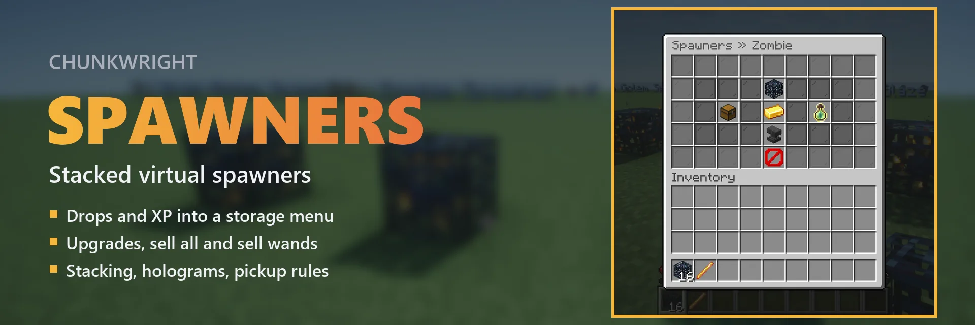 Chunkwright Spawners banner: Spawners plugin for Paper and Purpur servers, with an in-game screenshot