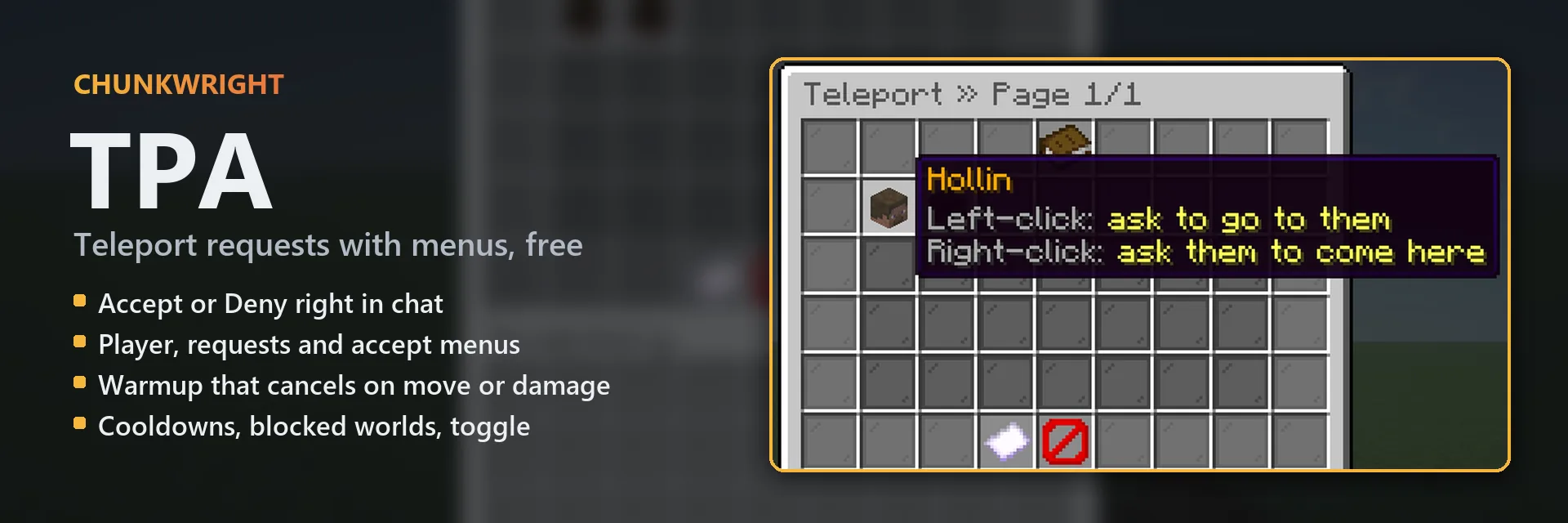 Chunkwright TPA banner: TPA plugin for Paper and Purpur servers, with an in-game screenshot