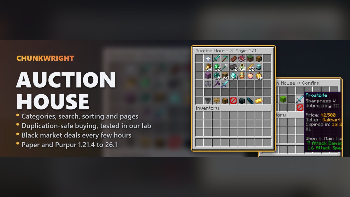 Chunkwright Auction House banner: Auction House plugin for Paper and Purpur servers, with an in-game screenshot