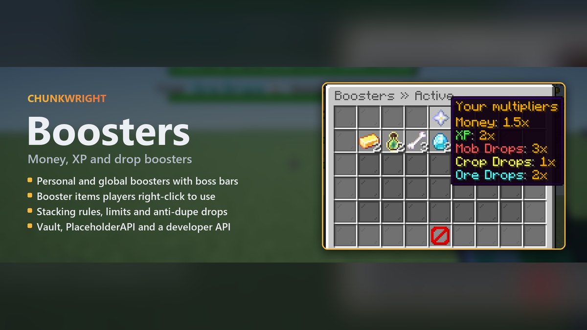 Chunkwright Boosters banner: Boosters plugin for Paper and Purpur servers, with an in-game screenshot