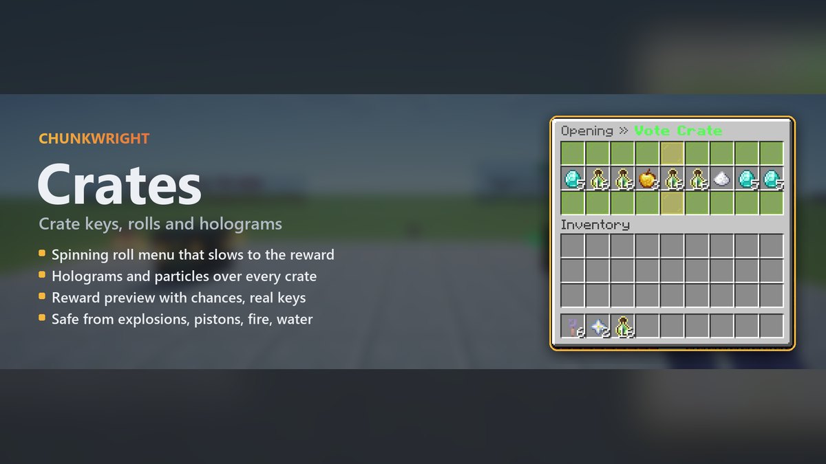 Chunkwright Crates banner: Crates plugin for Paper and Purpur servers, with an in-game screenshot