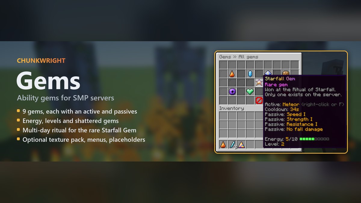 Chunkwright Gems banner: Gems plugin for Paper and Purpur servers, with an in-game screenshot