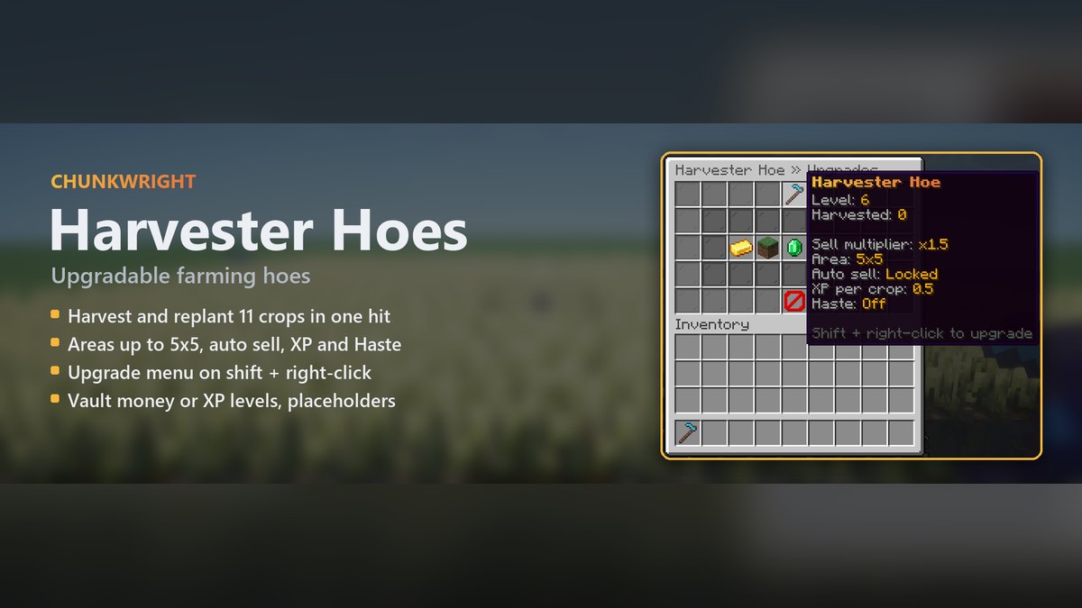 Chunkwright Harvester Hoes banner: Harvester Hoes plugin for Paper and Purpur servers, with an in-game screenshot