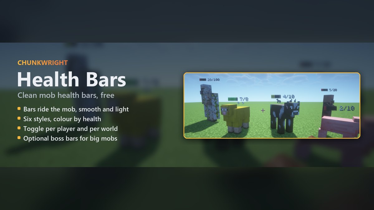 Chunkwright Health Bars banner: Health Bars plugin for Paper and Purpur servers, with an in-game screenshot