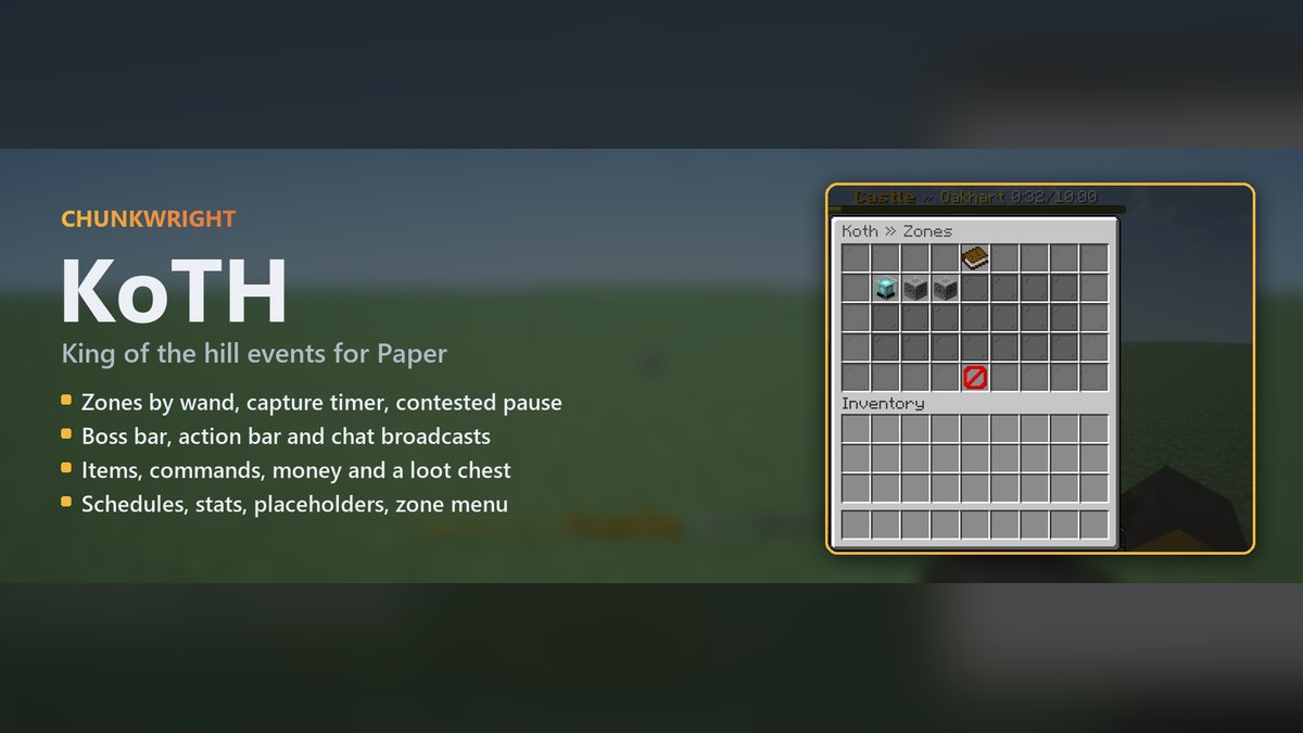 Chunkwright KoTH banner: KoTH plugin for Paper and Purpur servers, with an in-game screenshot